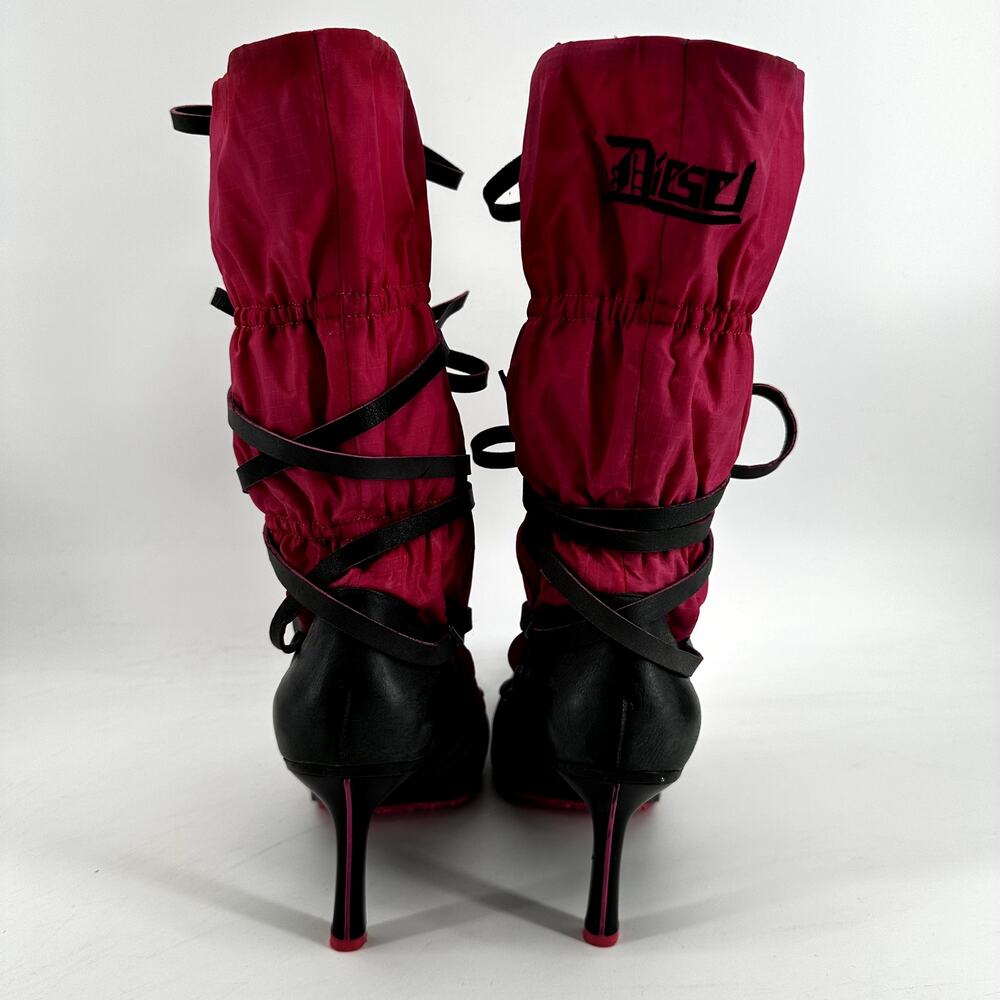 Vintage Diesel Kiruna Heeled Boots Y2K Lace Up Nylon Leather Straps Pink Gray 8 - Picture 4 of 7